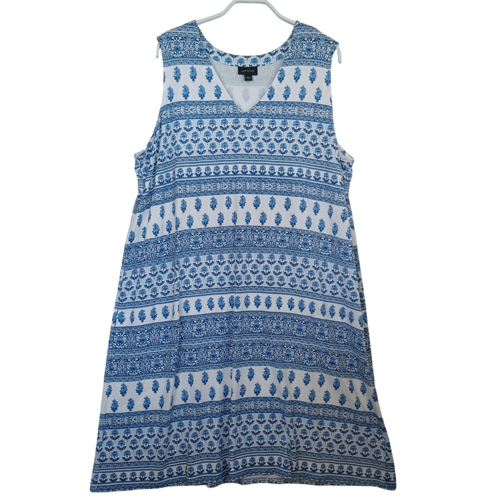 J. Jill Wearever Blue White Floral Block Print Sleeveless V-Neck Dress XL